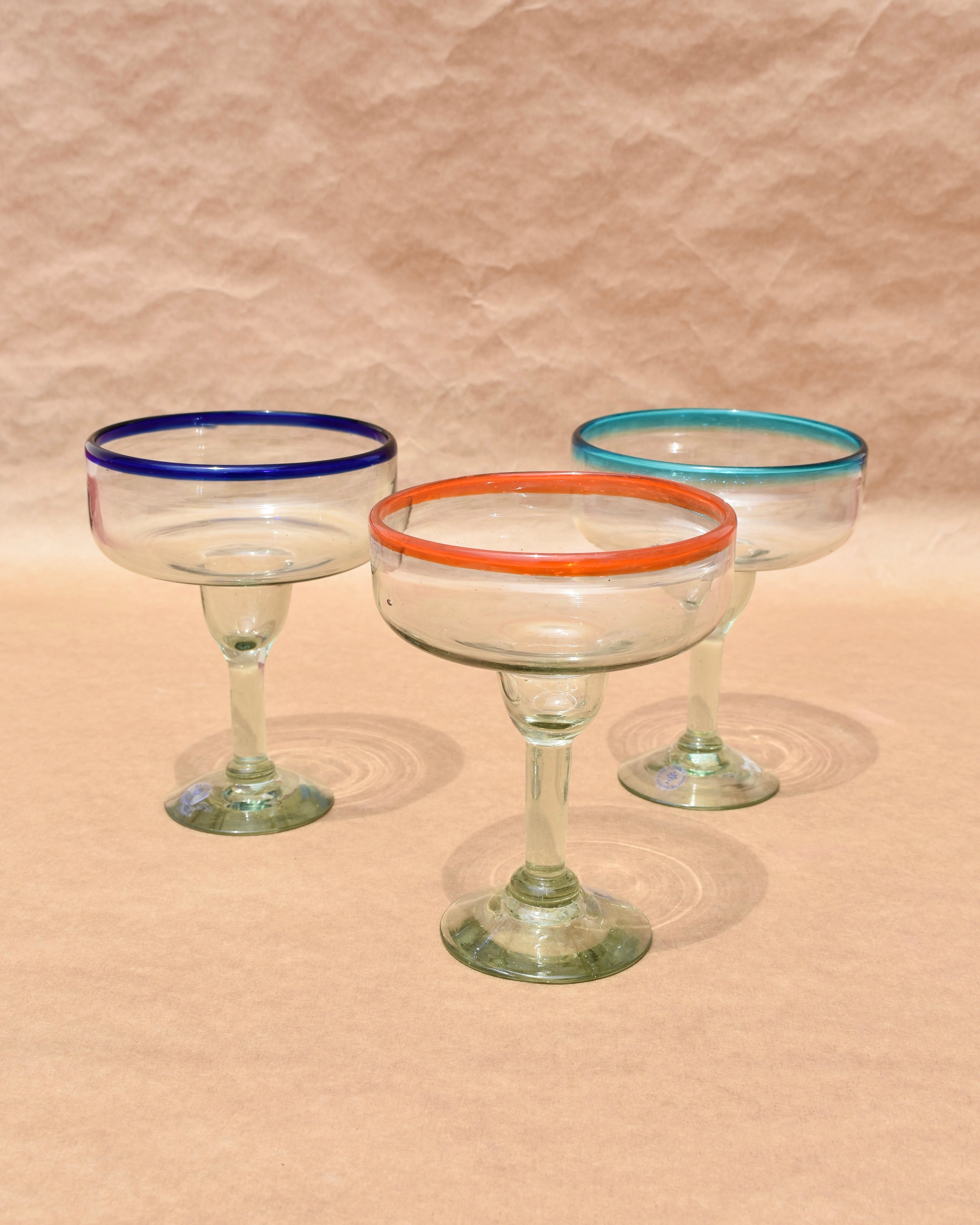 Mexican Hand-Blown Glassware |Coloured Rim Margarita Glass|Anima Guzga