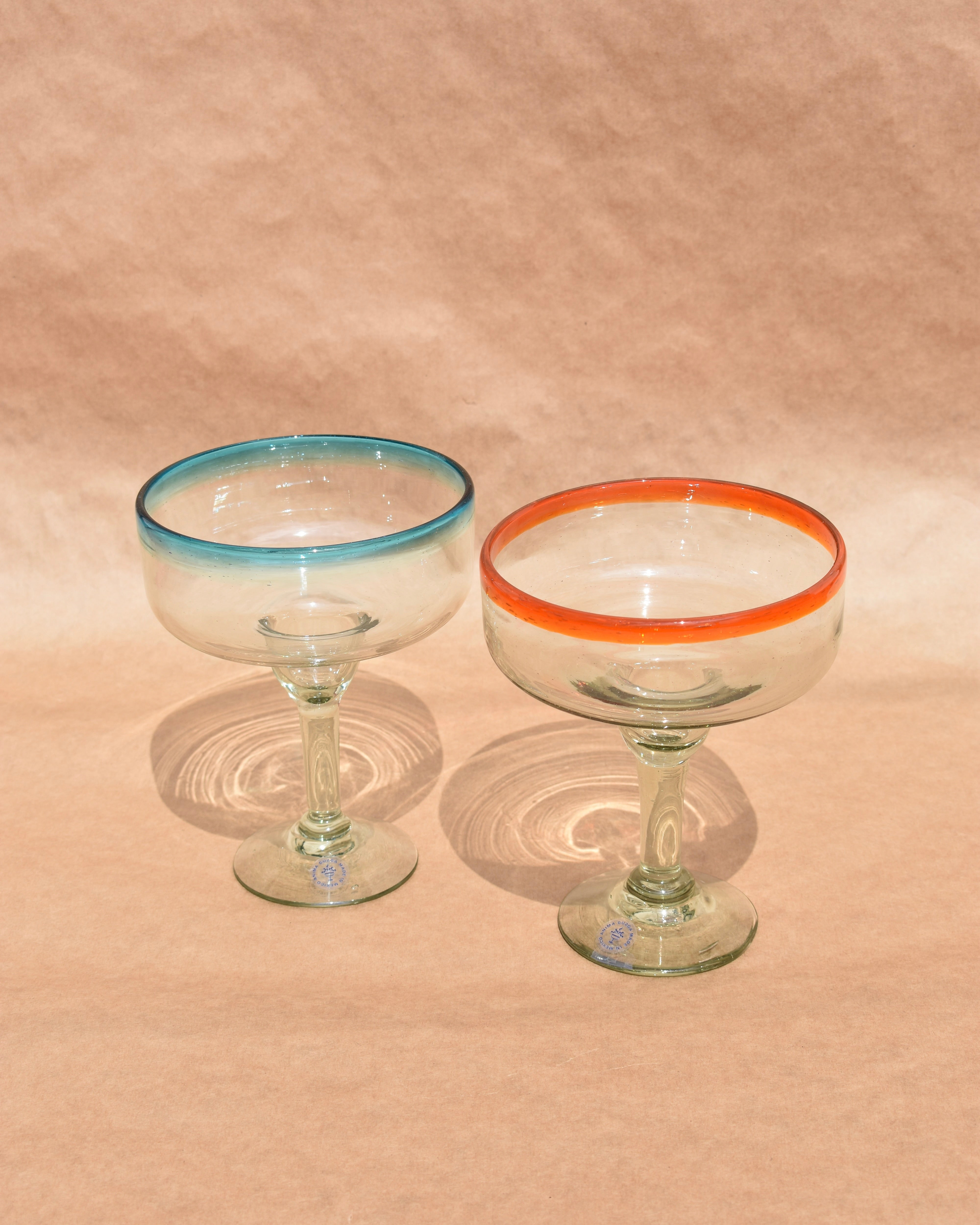 Mexican Hand-Blown Glassware |Coloured Rim Margarita Glass|Anima Guzga